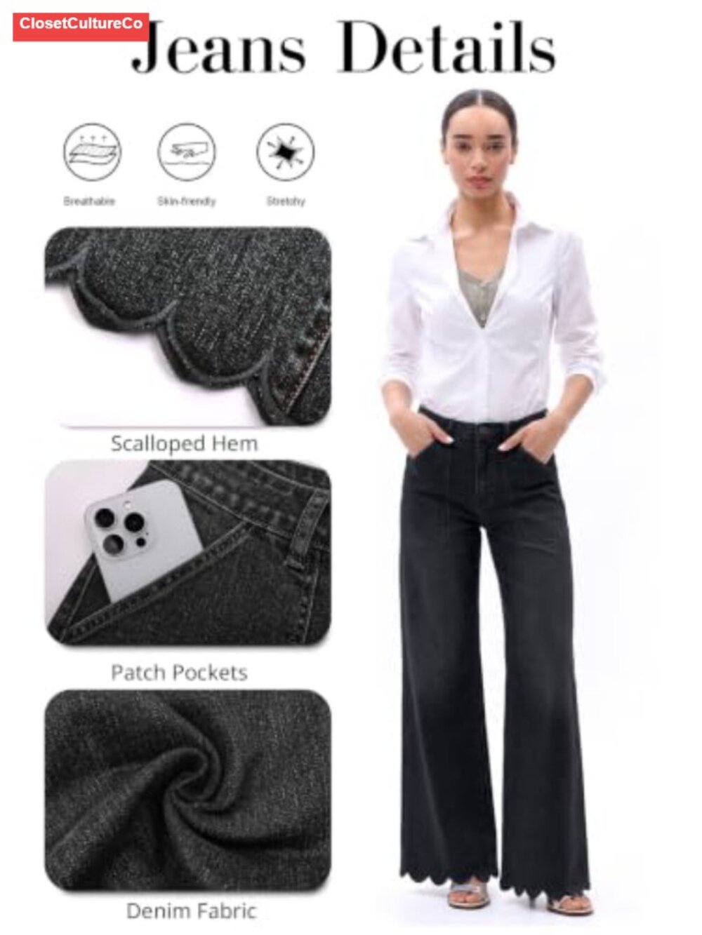 High Waisted Scalloped Wide Leg Flared Denim Jeans Stretch Tummy Control - Picture 5 of 5